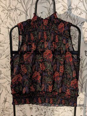 ICÔNE by Simons Floral Smocked Mock Neck Sleeveless Sheer Blouse Size Medium
